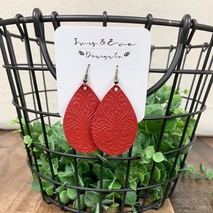 Genuine Leather Red Damask Embossed Earrings